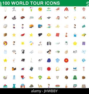 100 world tour set di icone, stile cartoon Illustrazione Vettoriale