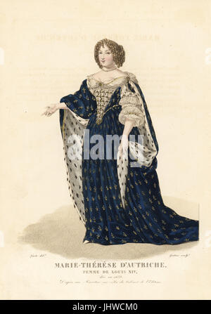Maria Teresa di Spagna, regina di Francia, moglie di Re Luigi XIV di Francia, 1638-1683. Indossa i suoi capelli in boccoli, una perla girocollo, un abito in velluto blu decorato con fleurs de Lys e rivestiti con ermellino, pizzo manicotti, quilted corpetto decorato con perle. Dopo una miniatura nel editor di raccolta. Handcolored incisione su rame di Georges Jacques Gatine dopo una illustrazione di Louis Marie Lante da Galerie Francaise de Femmes Celebres, Parigi, 1827. Foto Stock