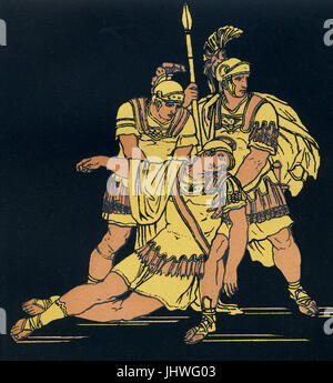 Lausus era il figlio del re etrusco Mezentius. Egli ha combattuto contro Enea e i suoi seguaci scampato Troy dopo i Greci conquistarono Troia e bruciato la città. Il racconto di questi guerrieri appare nell'Eneide di Virgilio. Dopo Enea Mezentius ferite in battaglia, Lausus proviene per la difesa di suo padre e di Enea poi colpisce entrambi. Questa illustrazione da circa 1900 mostra Lausus, essendo supportato dai suoi uomini come muore tra le loro braccia.. Foto Stock