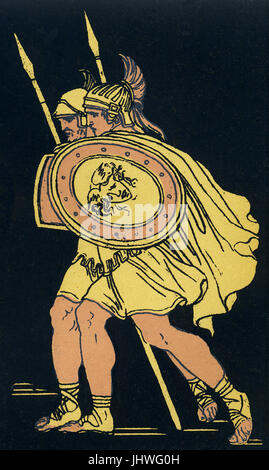 Lausus era il figlio del re etrusco Mezentius. Egli ha combattuto contro Enea e i suoi seguaci scampato Troy dopo i Greci conquistarono Troia e bruciato la città. Il racconto di questi guerrieri appare nell'Eneide di Virgilio. Dopo Enea Mezentius ferite in battaglia, Lausus proviene per la difesa di suo padre e di Enea poi colpisce entrambi. Questa illustrazione da circa 1900 mostra Enea, accompagnato da un compagno soldato, giusto prima che egli uccide Lausus. Foto Stock
