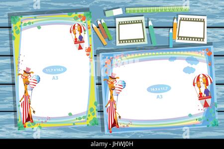 Photo frame sul tavolo. Orizzontale e verticale. Illustrazione per il design. Con i telai con le giraffe. Volo in mongolfiera ad aria calda Illustrazione Vettoriale