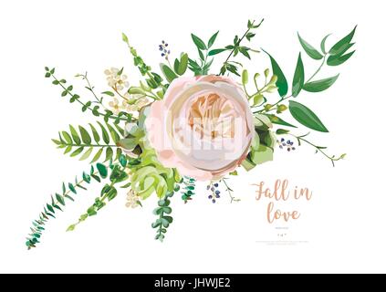 Bouquet di vettore elemento del giardino rosa rose green succulenta cactus, fiori di colore bianco e il mix di piante stagionali, erbe eucalipto blu. Elegante lovel carino Illustrazione Vettoriale