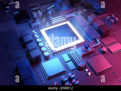 Sfondo tecnologico. Un incandescente della CPU su una scheda madre. 3D render illustrazione. Foto Stock