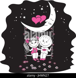 Amore giovane seduta di notte su un altalena attaccata alla luna Illustrazione Vettoriale