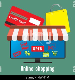 Shopping online. Schermo TV o monitor, una carta di credito e shoppin Illustrazione Vettoriale