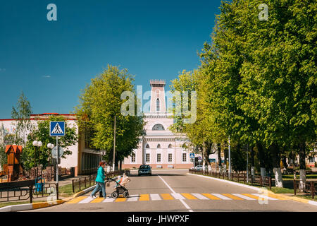 Chachersk, Bielorussia - 14 Maggio 2017: una donna con il passeggino attraversa la strada su un attraversamento pedonale. Il vecchio Municipio nella soleggiata giornata estiva sullo sfondo. Foto Stock