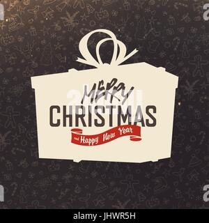 Confezione regalo su silhouette disegnata a mano sullo sfondo di Natale. Retrò Buon Natale design della scheda Illustrazione Vettoriale