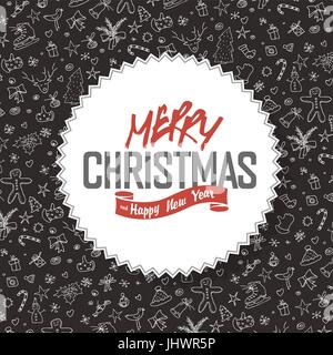 Merry Christmas Greeting Card. Etichetta bianca con scritte sui disegnati a mano sullo sfondo di Natale. Illustrazione Vettoriale