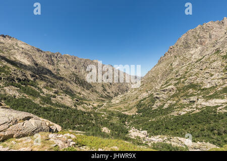 Aspre montagne su entrambi i lati del fiume nella valle glaciale a Restonica vicino a Corte in Corsica centrale Foto Stock