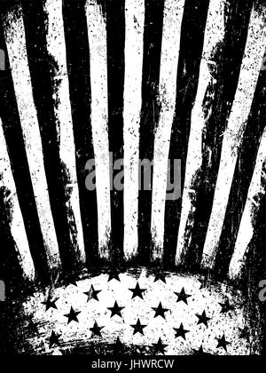 Negativo in bianco e nero Fotocopiatrice bandiera americana sfondo. Grunge VectorTemplate invecchiato. Orientamento verticale. Illustrazione Vettoriale