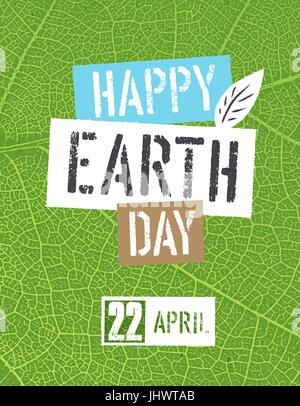 Felice Giornata della Terra logotipo. Sulla foglia verde vene texture Illustrazione Vettoriale