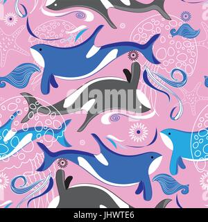 Vettore di Seamless pattern del mare con le balene su uno sfondo rosa Illustrazione Vettoriale