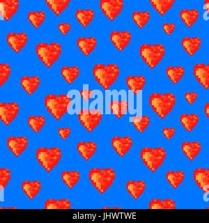 La Pop art seamless pattern. Cuori di pixel su sfondo blu Illustrazione Vettoriale