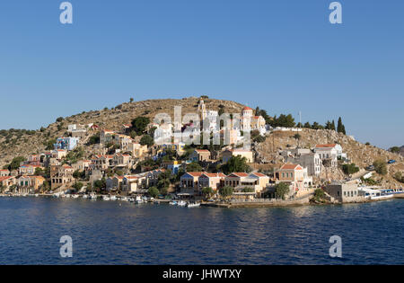 Symi Island, Egeo Meridionale, Grecia - la principale città / Porto, Gialos (o Yialos, come è anche noto) Foto Stock