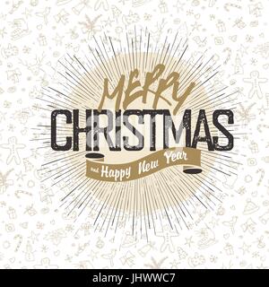 Auguri di Natale su disegnati a mano sullo sfondo. Retrò Merry Christmas Card Design. Vintage Merry Christmas poster design con mano perfetta linea tracciata ic Illustrazione Vettoriale