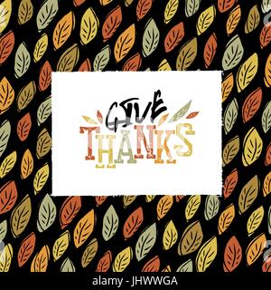 Felice ringraziamento greeting card design. Logo e caduta foglie. Per l'autunno e di ringraziamento biglietti di auguri disegni. Disegnato a mano vettore stravagante illustr Illustrazione Vettoriale