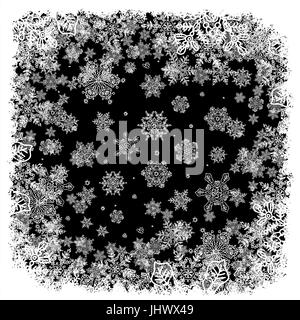 I fiocchi di neve cornice bianca silhouette. Zona centrale vuota. Isolare su nero Illustrazione Vettoriale