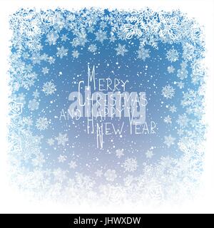 Buon Natale Messaggio di saluto. Anno nuovo design della Postcard. Frost ornamento di confine e i fiocchi di neve. Blue nevicate invernali sfondo Illustrazione Vettoriale