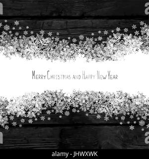 Buon Natale e Felice Anno Nuovo. I fiocchi di neve la linea bianca. Centro isolato area per il messaggio di saluto. Sul legno texture di sfondo. Bianco e nero, vettore. Illustrazione Vettoriale