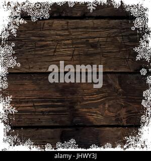 Legno marrone sfondo di Natale con i fiocchi di neve. Congelati ornamento telaio isolato. Vacanze modello cartolina Illustrazione Vettoriale