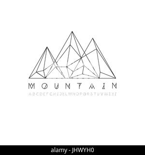 Linea di montagna icona, outline logo vettoriale illustrazione, pittogramma lineare isolato su bianco. Con linea sottile alfabeto per la headline. Illustrazione Vettoriale