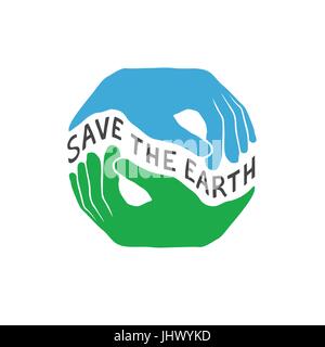 Salvare la terra. La giornata della terra concetto. Logo design modello. Tenere le mani terra illustrazione. Illustrazione Vettoriale