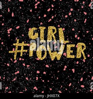 Girl power preventivo, il femminismo slogan. Golden glitter iscrizione per T-shirt, poster e la parete art. Rosa caotico e particelle bianche seamless pattern su Illustrazione Vettoriale