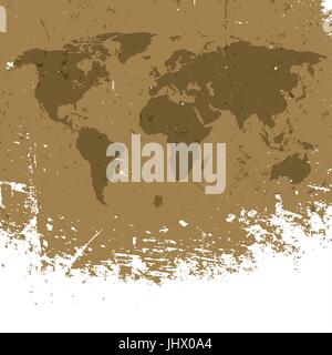 Grunge mappa Mondo sfondo. Abstract vecchio geografia invecchiato sfondo vettoriale. Isolato a bordo bianco. Illustrazione Vettoriale