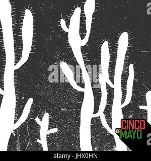Sfondo di cactus. Cinco de Mayo holiday card. Grunge sfondo monocromo. Illustrazione Vettoriale