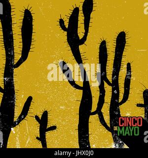 Sfondo di cactus. Cinco de Mayo holiday card. Grunge sfondo monocromo. Illustrazione Vettoriale