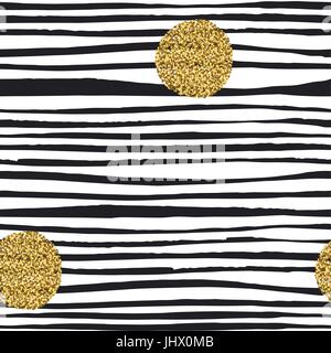 Golden, glitter punti. Grunge pois seamless pattern. Abstract vintage polka dot pattern. Nero e oro Illustrazione Vettoriale
