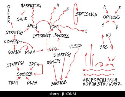 Il concetto di Business elementi. Frecce e alphabet set. Vettore isolato disegnati a mano le frecce e le lettere su uno sfondo bianco. Illustrazione Vettoriale