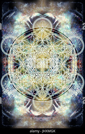 Luce merkaba e fiore della vita su un astratto colore di sfondo. Geometria Sacra. Foto Stock