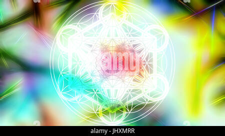 Luce merkaba e fiore della vita su un astratto colore di sfondo e struttura frattale. Geometria Sacra. Foto Stock
