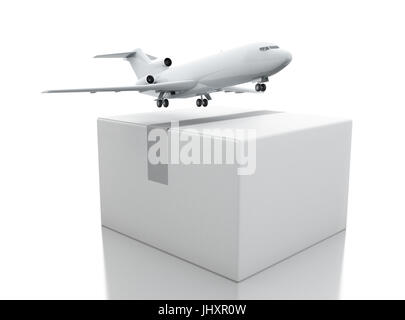 3D renderer immagine. Scatole di cartone con aereo. Concetto di consegna. Foto Stock