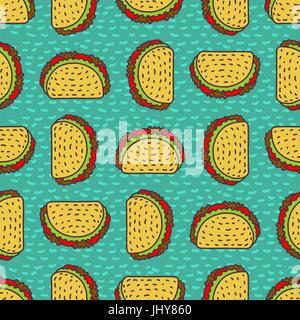 Taco disegno dello sfondo. Un fast-food messicano pattern. Il cibo dal Messico ornamento. Tacos texture Illustrazione Vettoriale