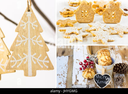 Photo Collage, fatta a mano Ornamenti natale, legno abete appeso sul ramo secco, gingerbread cookies, cocco bignè, sfondo bianco, scritte Foto Stock