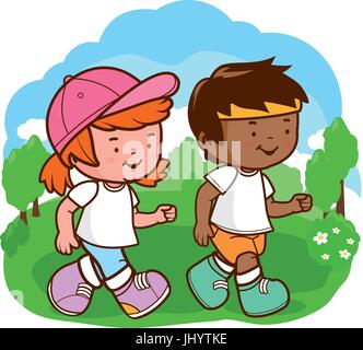 Corridori per bambini che corrono al parco. I bambini atleti corrono all'aperto per una gara, camminando e allenandosi. Illustrazione vettoriale Illustrazione Vettoriale