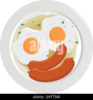 Piatto della colazione con uova fritte e salsicce. Il cibo del ristorante è su un piatto. Menu di cibi sani. Illustrazione vettoriale Illustrazione Vettoriale