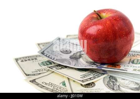 Di dollari con apple rosso isolato su bianco Foto Stock