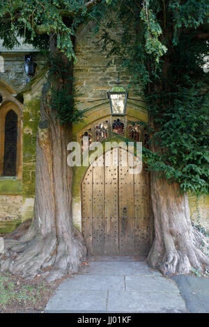 Yew alberi e porta San Edward's chiesa, Stow-su-il-Wold, Cotswolds, Gloucestershire, England, Regno Unito, Europa Foto Stock