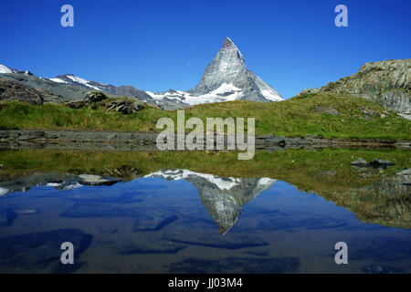 PenninianMattrerhorn al di sopra di Zermatt regfelcting nel piccolo stagno a Gagenhaupt, alpi svizzere, Svizzera Foto Stock