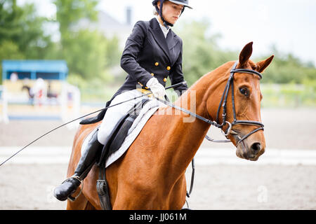 Ragazza del giovane cavaliere su cavallo dell'acetosa al concorso ippico di dressage Foto Stock