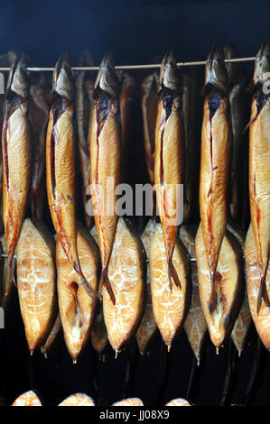 Fresche tradizionali di pesce affumicato in fumatore Foto Stock