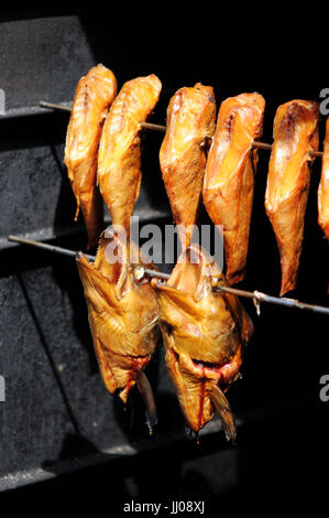 Fresche tradizionali di pesce affumicato in fumatore Foto Stock