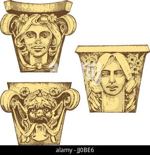 Dettaglio antico edificio classico. architettonico elementi ornamentali. mostra toscano, dorico, ionico e colonna romana. incisi disegnati a mano nel vecchio sketch, vintage e antiquariato, barocca o stile gotico. Illustrazione Vettoriale