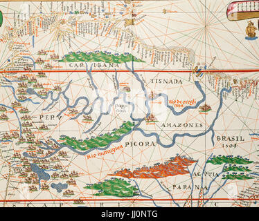 Portolan atlas del mondo di Joan Martines (1556-1590). Messina, 1587. Bacino Amazzonico e due bocche. Biblioteca nazionale. Madrid. Spagna. Foto Stock