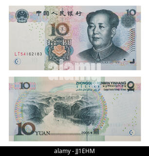 Il cinese 10 RMB o Yuan con il Presidente Mao sulla parte anteriore di ciascun bill isolato su uno sfondo bianco con un tracciato di ritaglio Foto Stock