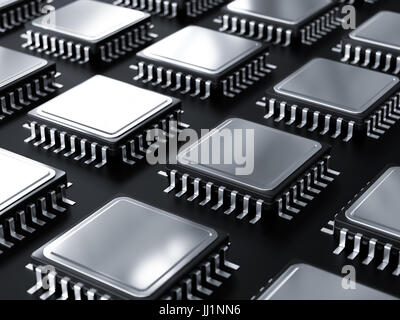 Processore per computer materie isolato nero sulla piastra di base. 3D rendering immagine Foto Stock