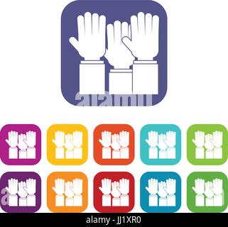 Persone diverse mani sollevate fino icone piatto Illustrazione Vettoriale